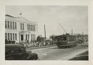 Primary view of object titled '[Last streetcar in front of Palm School, Austin, Texas]'.