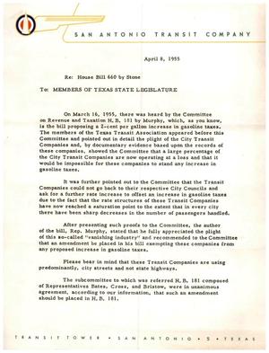 Primary view of object titled '[Letter from the San Antonio Transit Company to Members of Texas State Legislature, April 8, 1955]'.