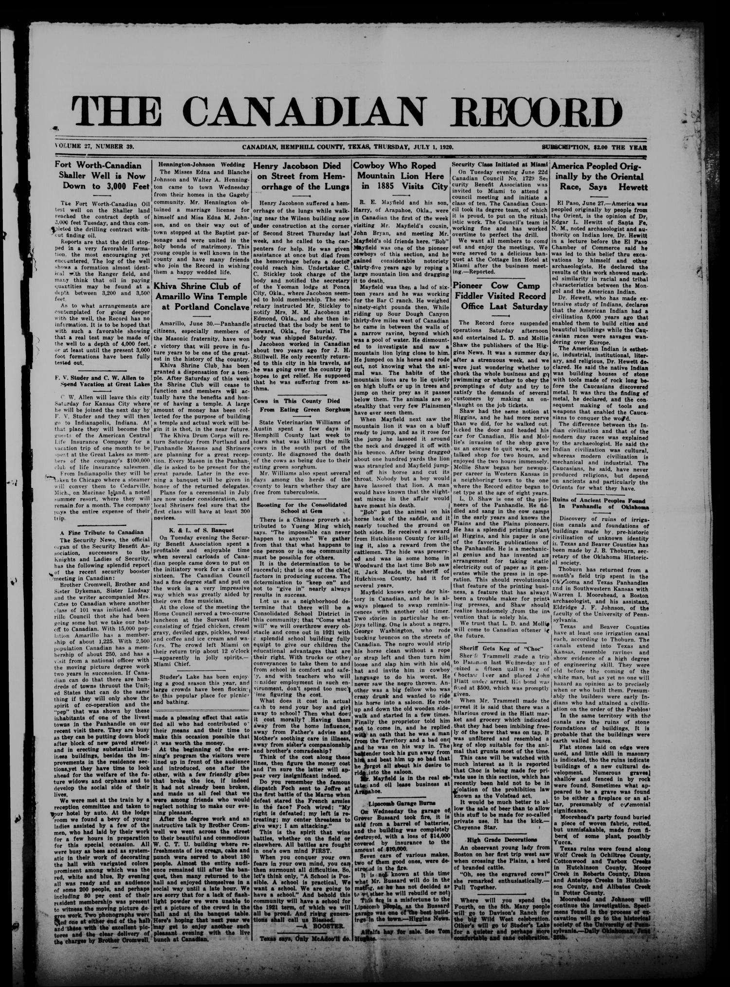 The Canadian Record (Canadian, Tex.), Vol. 27, No. 39, Ed. 1  Thursday, July 1, 1920
                                                
                                                    [Sequence #]: 1 of 10
                                                