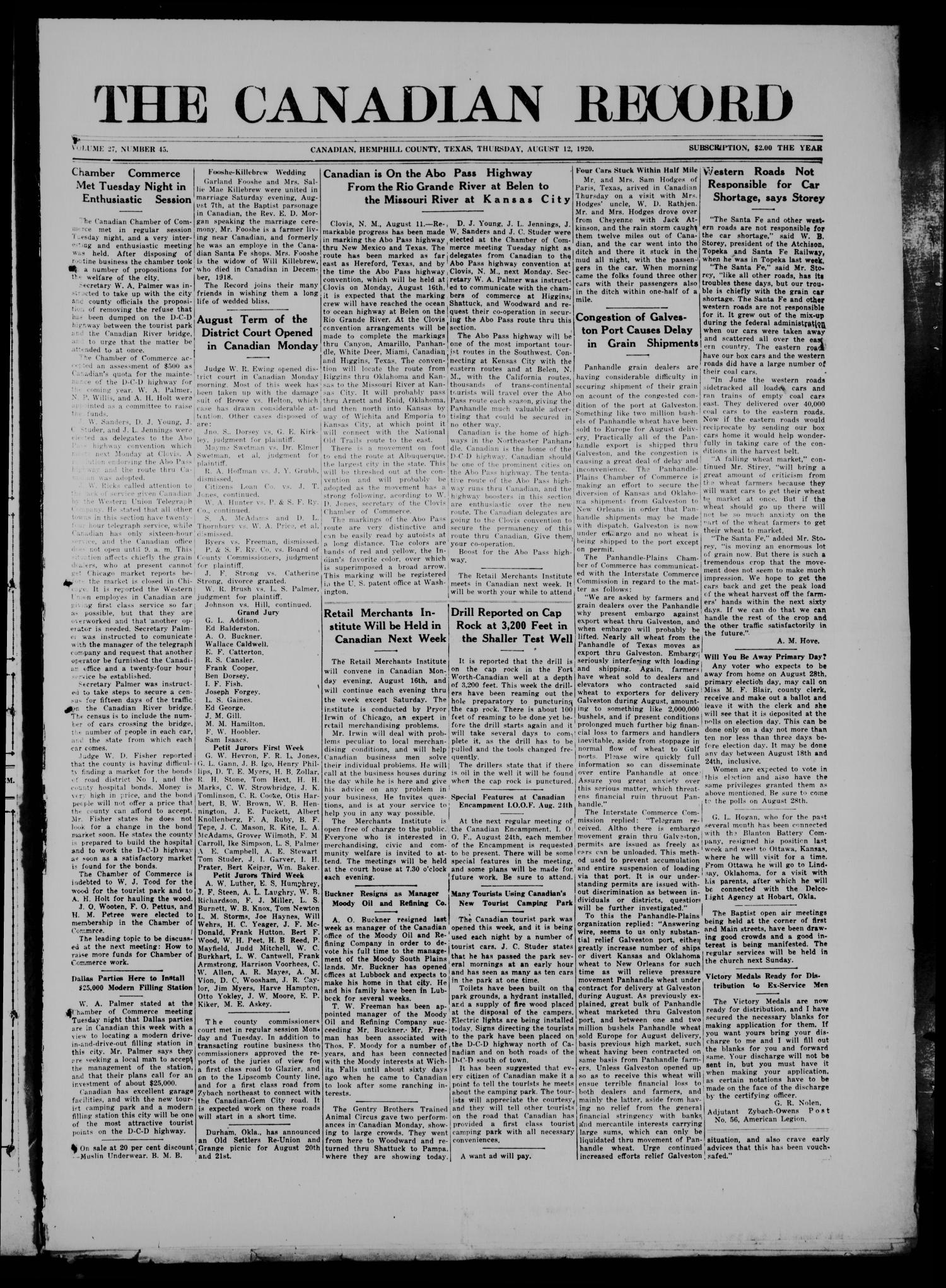 The Canadian Record (Canadian, Tex.), Vol. 27, No. 45, Ed. 1  Thursday, August 12, 1920
                                                
                                                    [Sequence #]: 1 of 8
                                                