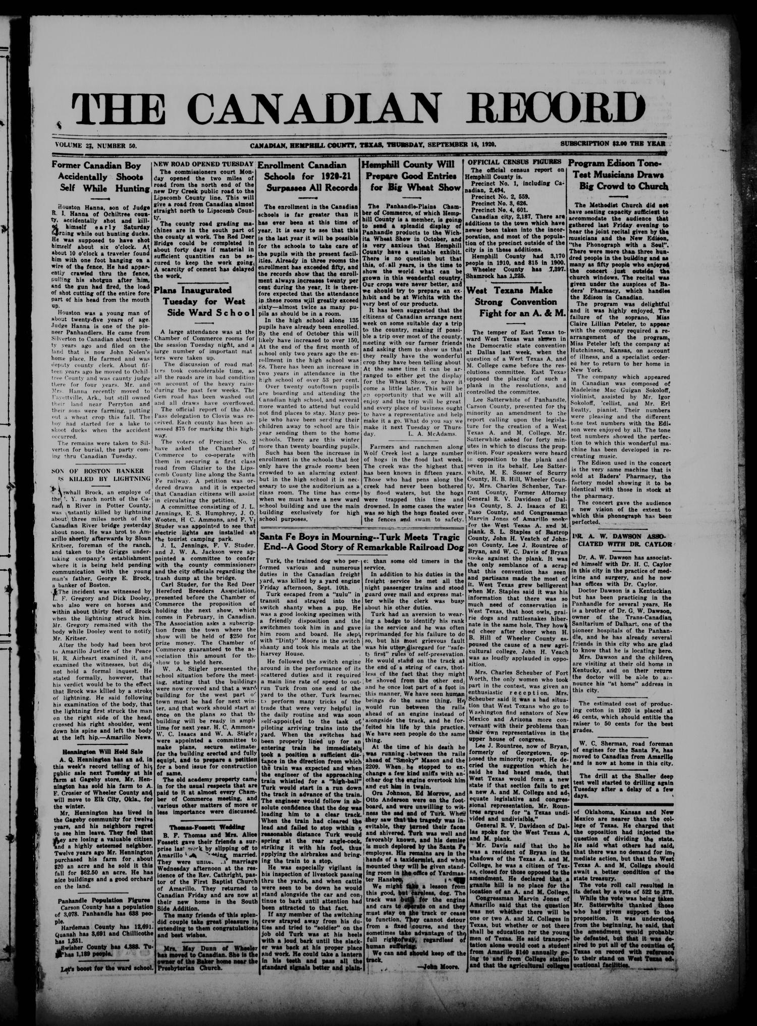 The Canadian Record (Canadian, Tex.), Vol. 27, No. 50, Ed. 1  Thursday, September 16, 1920
                                                
                                                    [Sequence #]: 1 of 10
                                                
