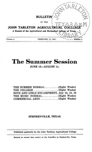 Primary view of object titled 'Catalog of John Tarleton Agricultural College, Summer Session, 1921'.