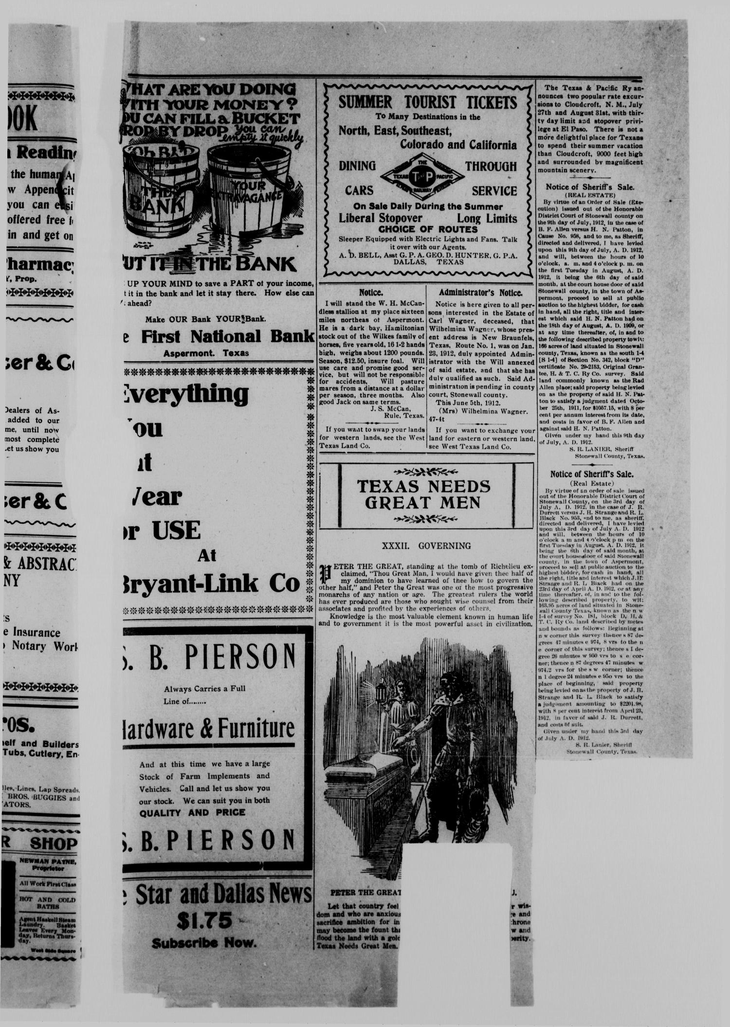 The Aspermont Star (Aspermont, Tex.), Vol. 14, No. 52, Ed. 1  Thursday, July 18, 1912
                                                
                                                    [Sequence #]: 3 of 6
                                                
