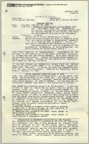Primary view of object titled 'DGS Newsletter, Number 93, February 1987'.