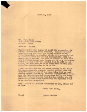 Primary view of object titled '[Letter from Truett Latimer to Vera Slack, April 10, 1957]'.