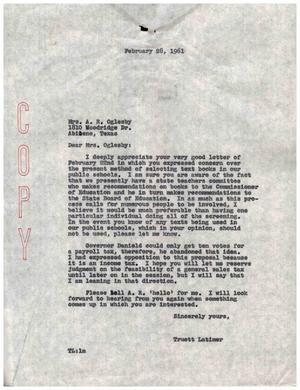 Primary view of object titled '[Letter from Truett Latimer to Mrs. A. R. Oglesby, February 28, 1961]'.