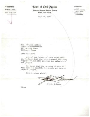 Primary view of object titled '[Letter from Clyde Grissom to Truett Latimer, May 27, 1957]'.