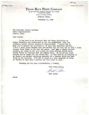 Primary view of object titled '[Letter from Bill Allen to Truett Latimer, February 17, 1959]'.