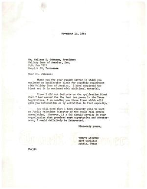 Primary view of object titled '[Letter from Truett Latimer to Wallace E. Johnson, November 12, 1962]'.