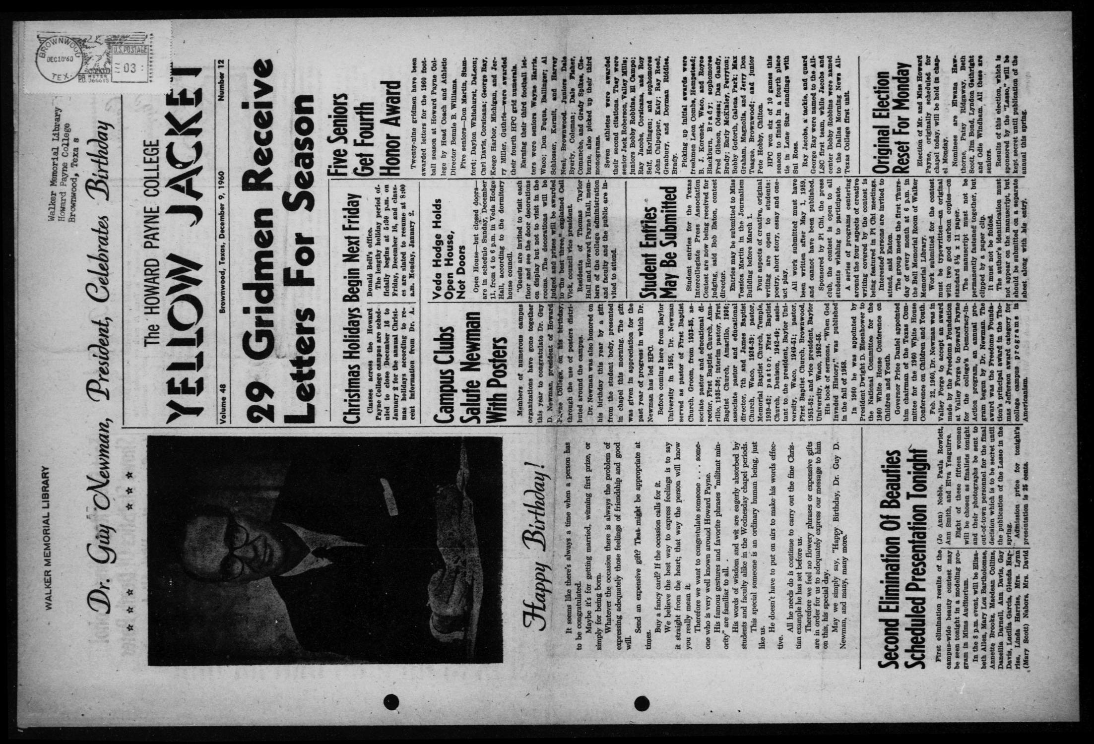 The Howard Payne College Yellow Jacket (Brownwood, Tex.), Vol. 48, No. 12, Ed. 1  Friday, December 9, 1960
                                                
                                                    [Sequence #]: 1 of 4
                                                