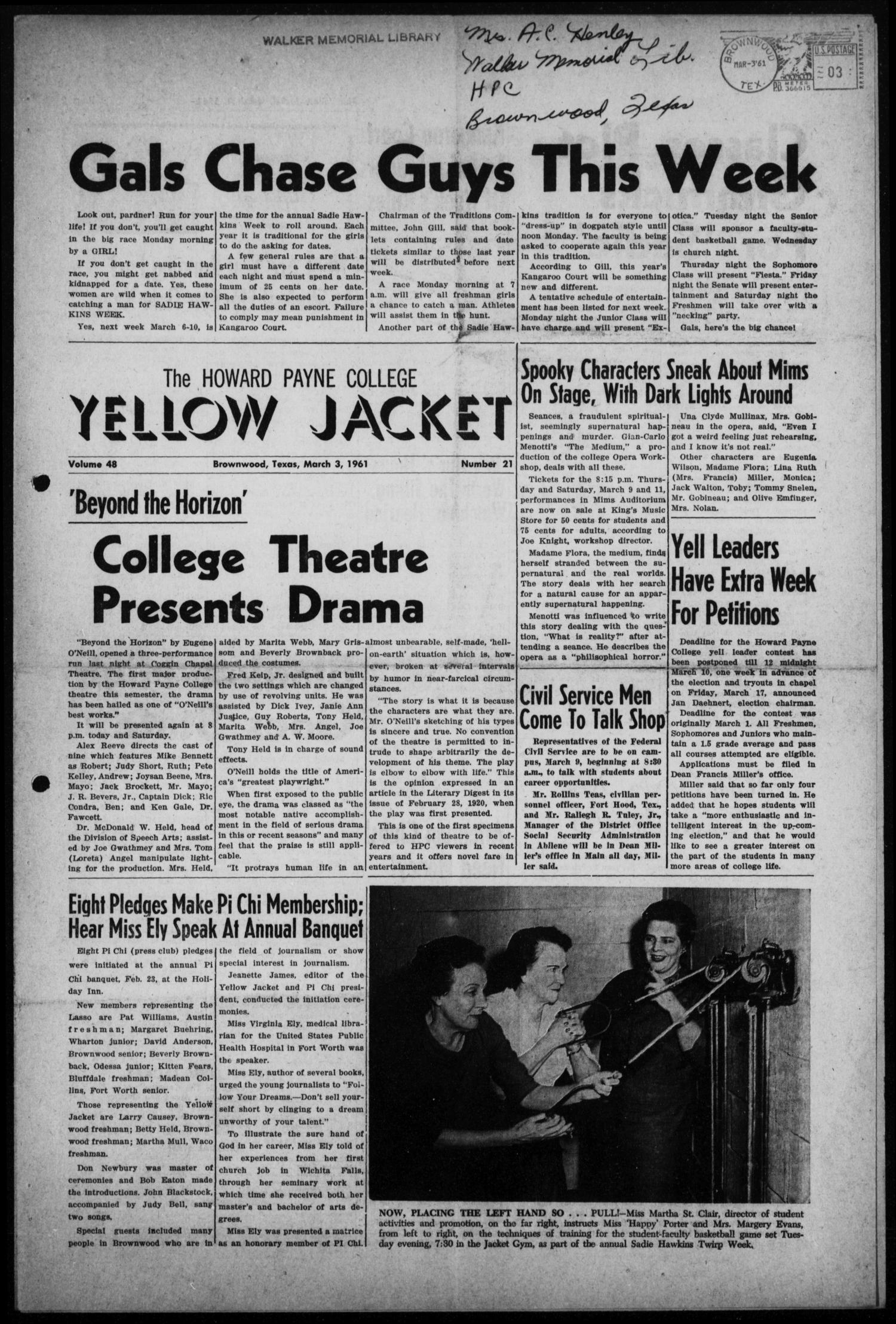 The Howard Payne College Yellow Jacket (Brownwood, Tex.), Vol. 48, No. 21, Ed. 1  Friday, March 3, 1961
                                                
                                                    [Sequence #]: 1 of 6
                                                