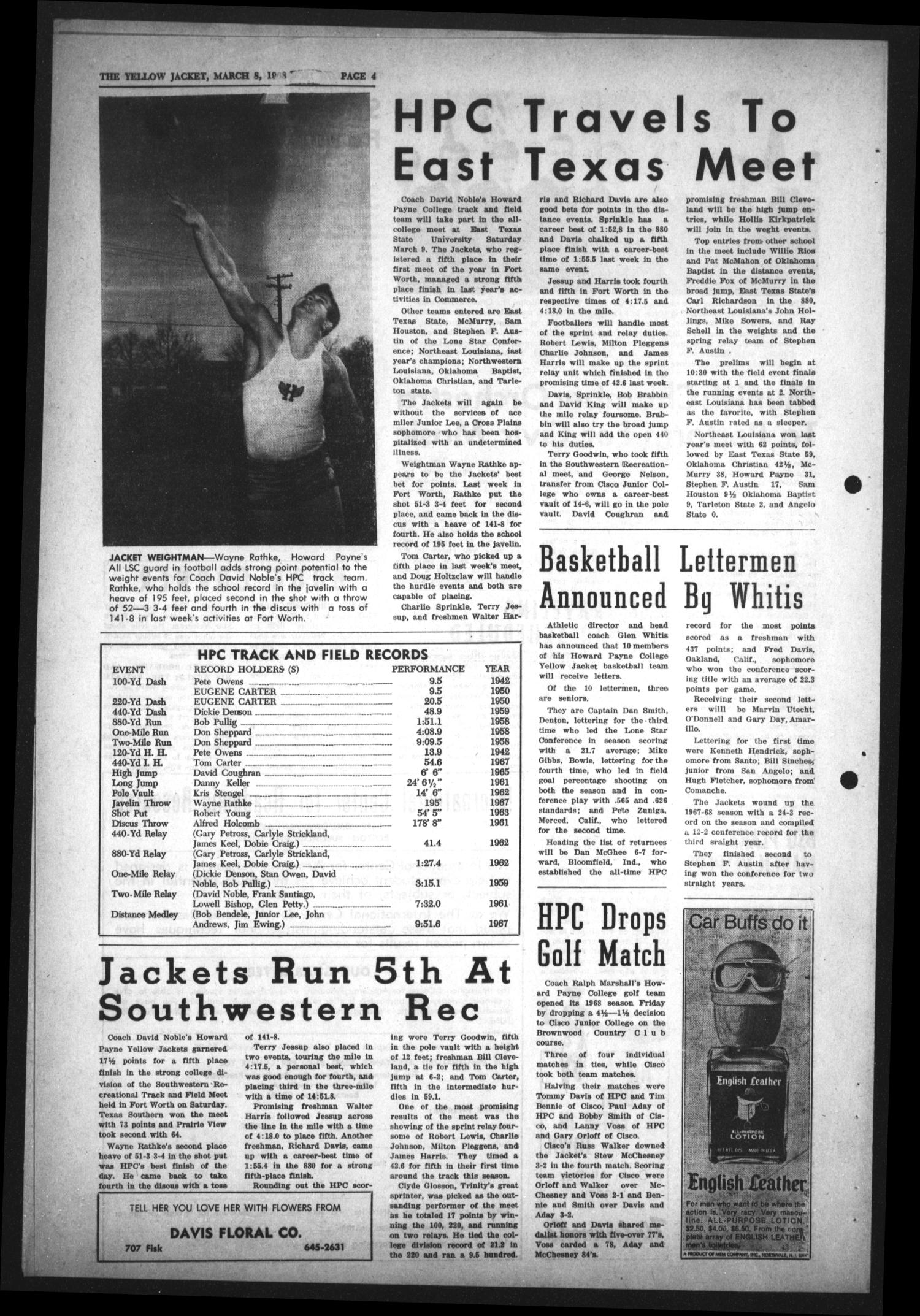 The Howard Payne College Yellow Jacket (Brownwood, Tex.), Vol. 55, No. 18, Ed. 1  Friday, March 8, 1968
                                                
                                                    [Sequence #]: 4 of 4
                                                