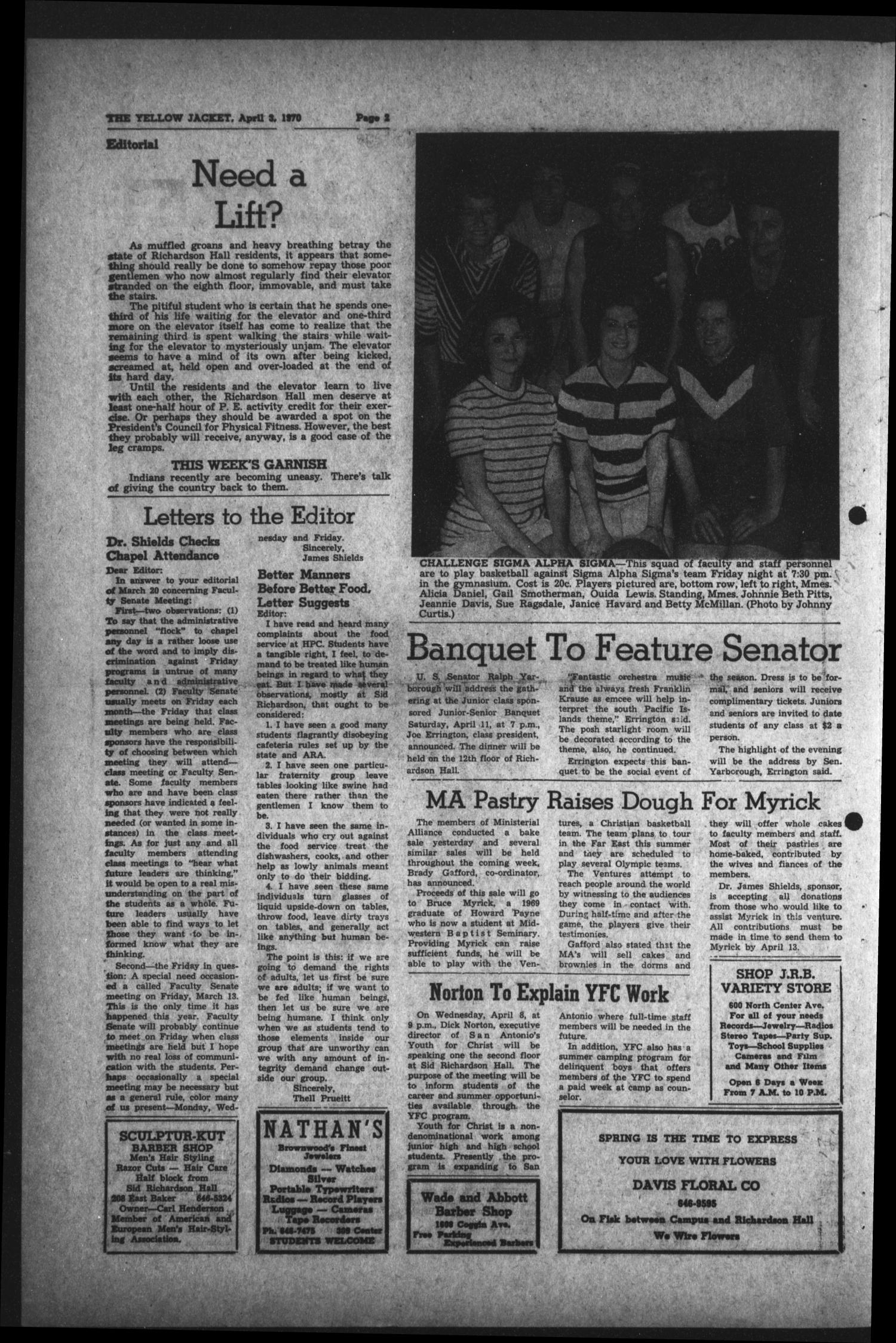 The Howard Payne College Yellow Jacket (Brownwood, Tex.), Vol. 57, No. 23, Ed. 1  Friday, April 3, 1970
                                                
                                                    [Sequence #]: 2 of 4
                                                