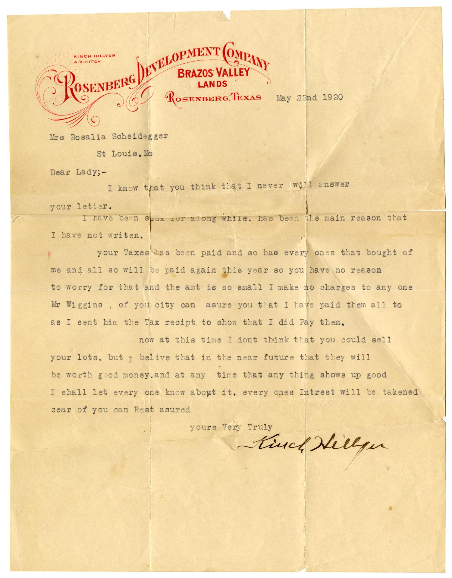 [Letter from Kinch Hillyer to Rosalia Scheidegger - May 22, 1920]
                                                
                                                    [Sequence #]: 1 of 2
                                                