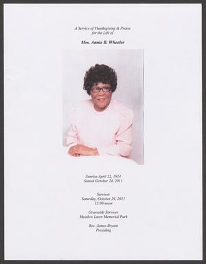 Primary view of object titled '[Funeral Program for Mrs. Annie B. Wheeler, October 29, 2011]'.