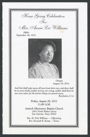 Primary view of object titled '[Funeral Program for Annie Lee Williams, August 26, 2011]'.