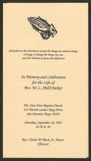Primary view of object titled '[Funeral Program for Bro. W. L. (Bill) Parker, September 18, 1993]'.