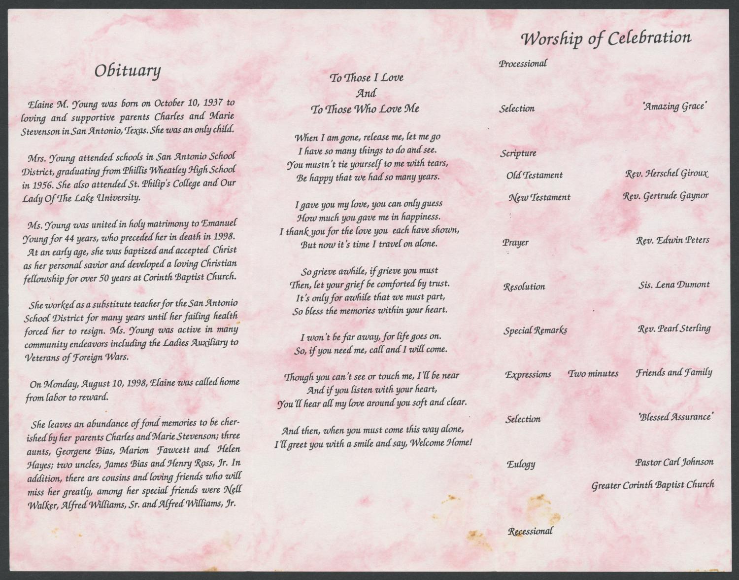 [Funeral Program for Elaine M. Young, August 17, 1988]
                                                
                                                    [Sequence #]: 2 of 3
                                                