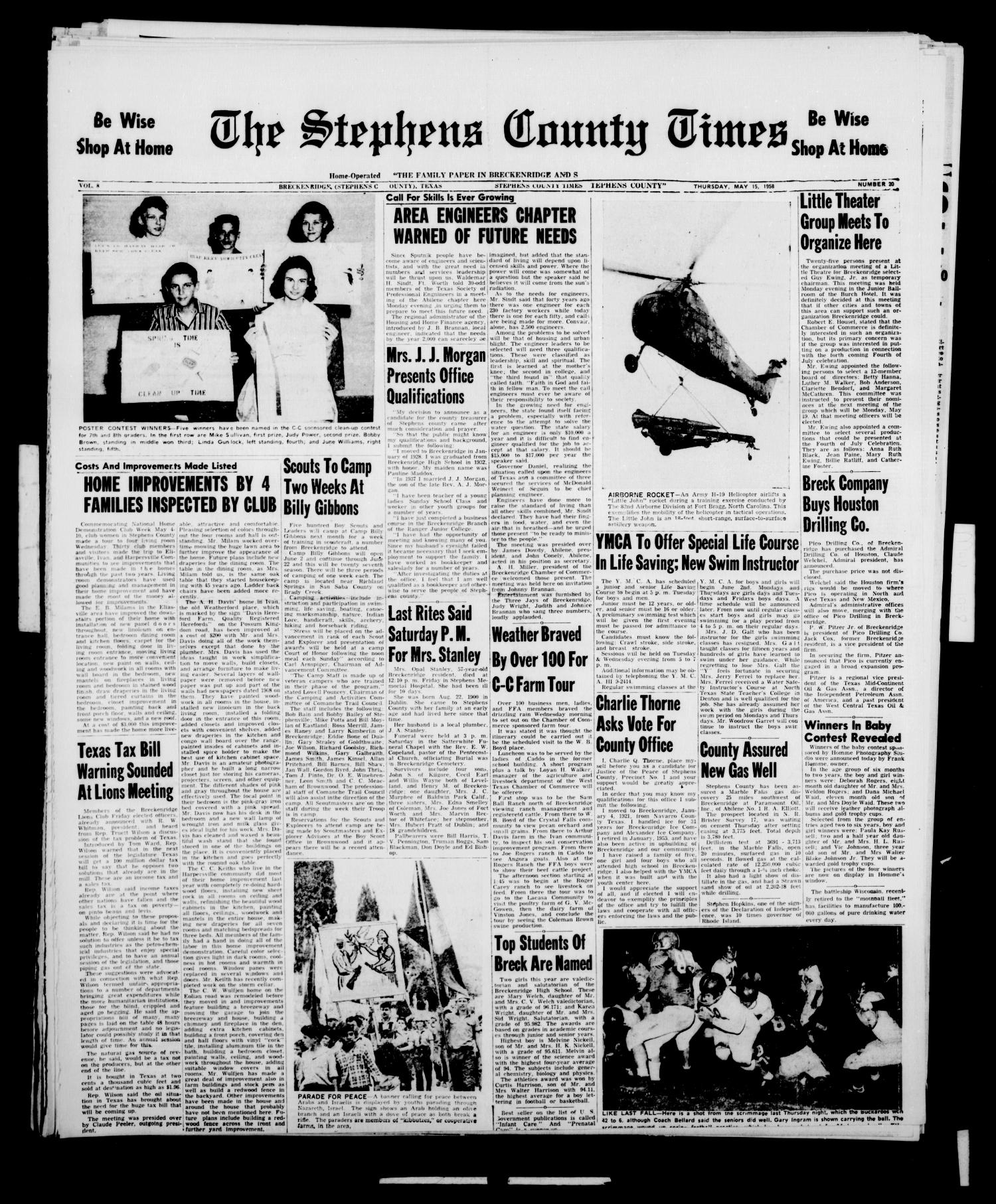 The Stephens County Times (Breckenridge, Tex.), Vol. 8, No. 20, Ed. 1 Thursday, May 15, 1958
                                                
                                                    [Sequence #]: 1 of 6
                                                