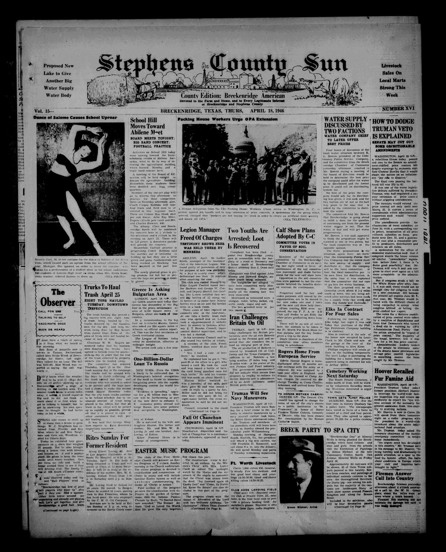 Stephens County Sun (Breckenridge, Tex.), Vol. 14, No. 16, Ed. 1 Thursday, April 18, 1946
                                                
                                                    [Sequence #]: 1 of 8
                                                
