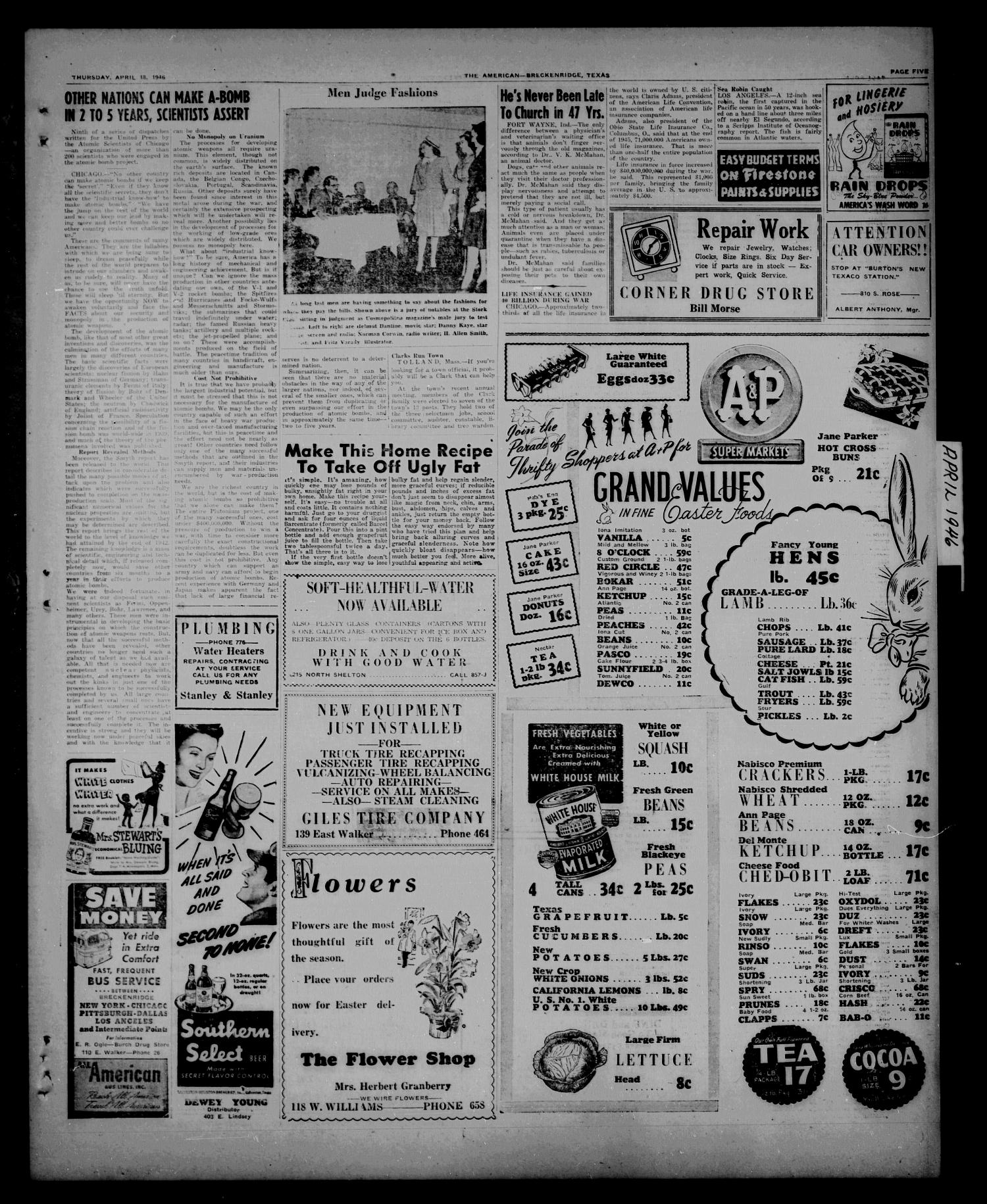 Stephens County Sun (Breckenridge, Tex.), Vol. 14, No. 16, Ed. 1 Thursday, April 18, 1946
                                                
                                                    [Sequence #]: 5 of 8
                                                