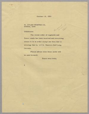 Primary view of object titled '[Letter from Jeane Kempner to W. Atlee Burpee Co., October 13, 1953]'.
