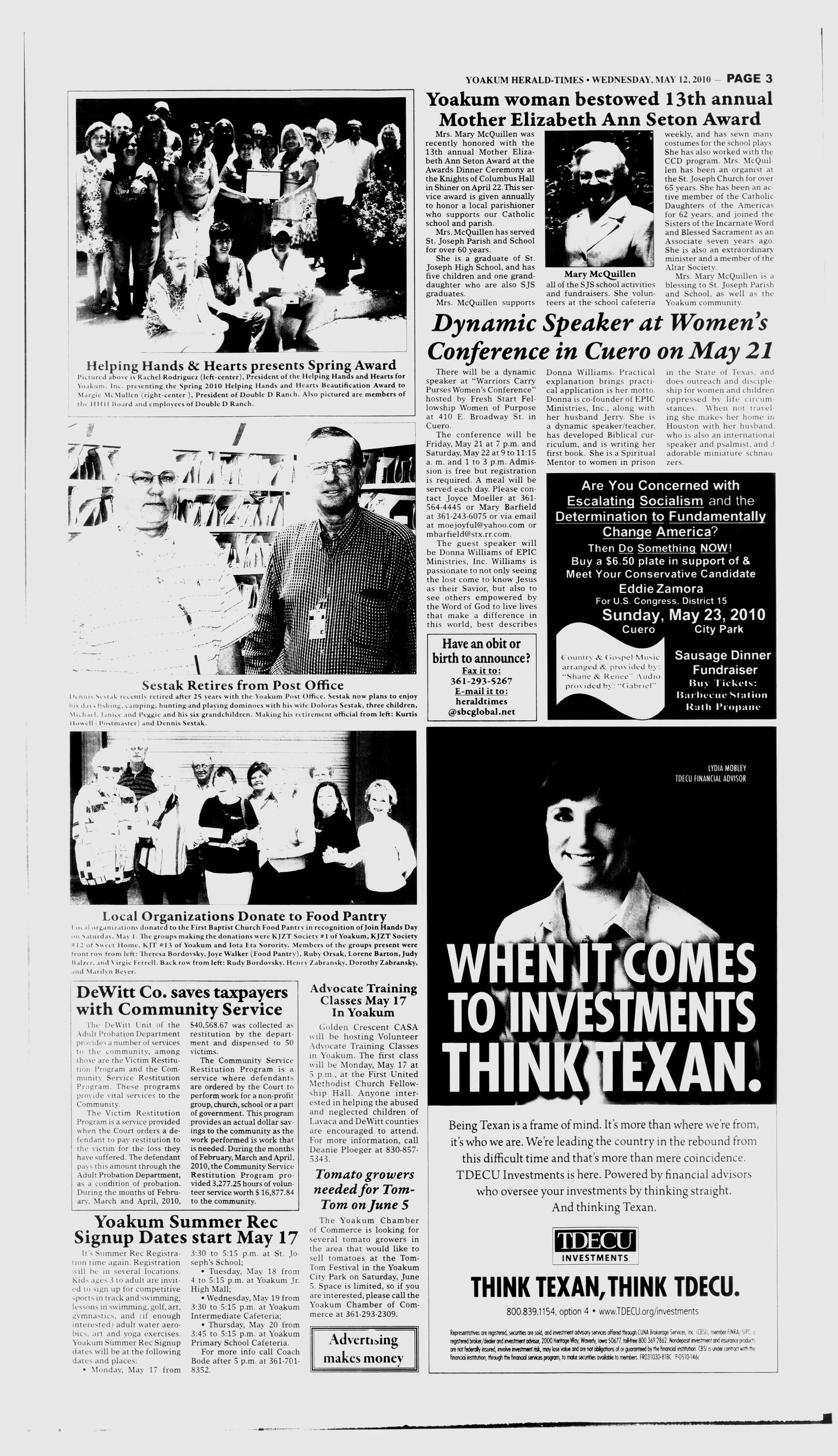 Yoakum Herald-Times (Yoakum, Tex.), Vol. 118, No. 19, Ed. 1 Wednesday, May 12, 2010
                                                
                                                    [Sequence #]: 3 of 14
                                                