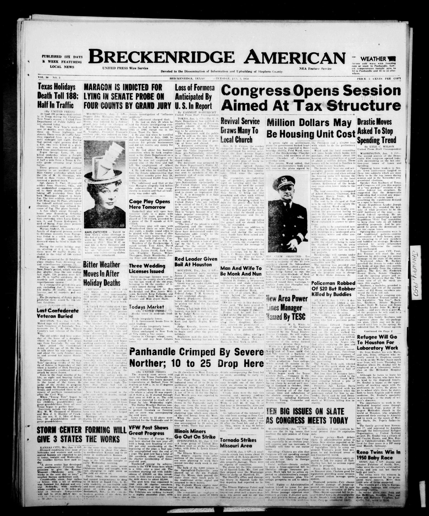 Breckenridge American (Breckenridge, Tex.), Vol. 30, No. 3, Ed. 1 Tuesday, January 3, 1950
                                                
                                                    [Sequence #]: 1 of 6
                                                