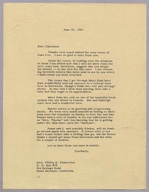 Primary view of object titled '[Letter from Daniel W. Kempner to Mrs. Phillip S. Chancellor, June 30, 1953]'.