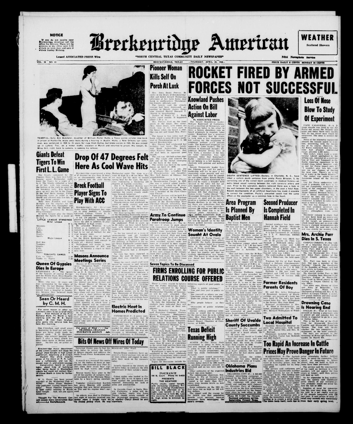 Breckenridge American (Breckenridge, Tex.), Vol. 38, No. 81, Ed. 1 Thursday, April 24, 1958
                                                
                                                    [Sequence #]: 1 of 6
                                                