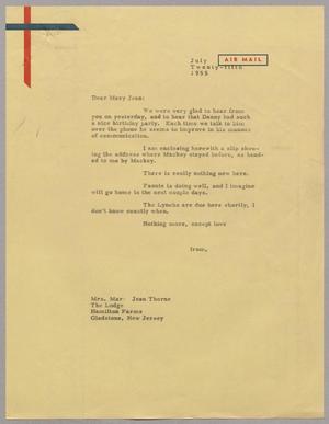 Primary view of object titled '[Letter from Daniel W. Kempner to Mary Jean Thorne, July 25, 1955]'.