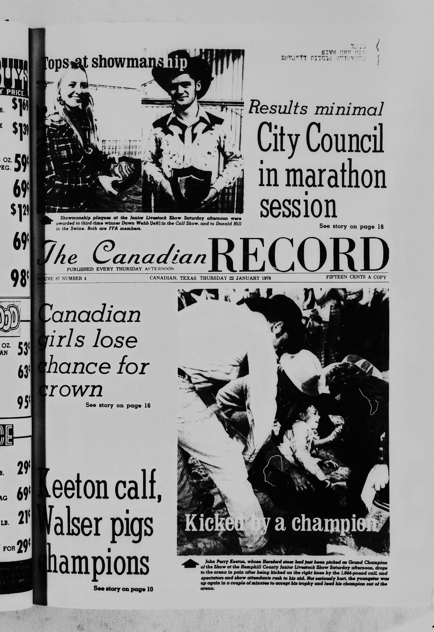 The Canadian Record (Canadian, Tex.), Vol. 87, No. 4, Ed. 1 Thursday, January 22, 1976
                                                
                                                    [Sequence #]: 1 of 12
                                                