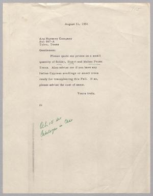 Primary view of object titled '[Letter from Daniel W. Kempner to Arp Nursey Company, August 31, 1951]'.