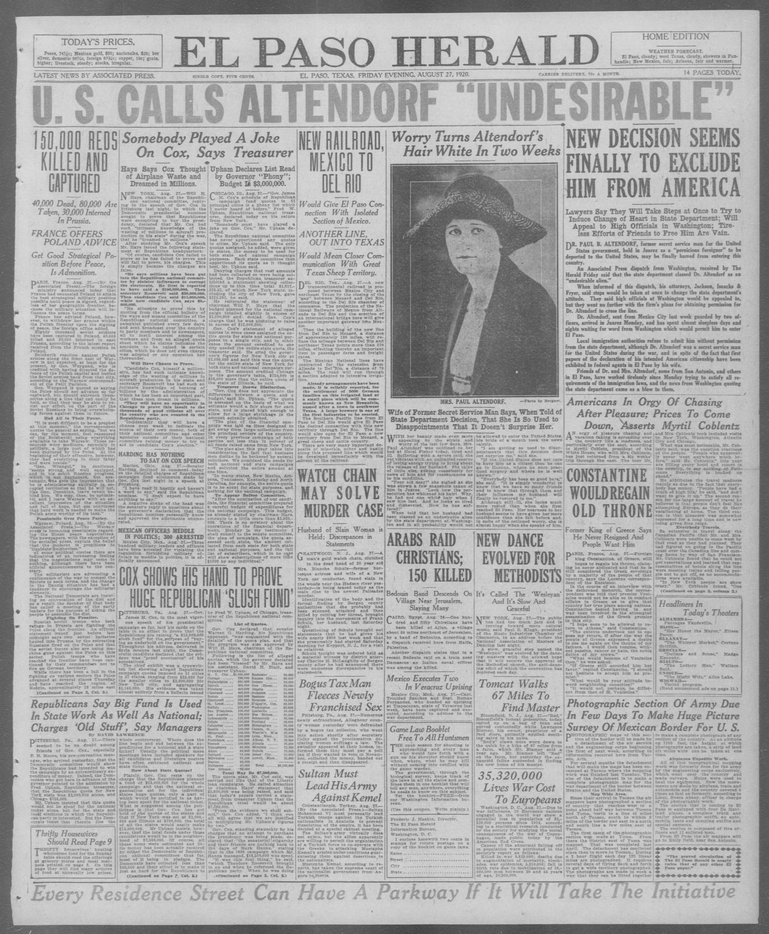El Paso Herald (El Paso, Tex.), Ed. 1, Friday, August 27, 1920
                                                
                                                    [Sequence #]: 1 of 14
                                                