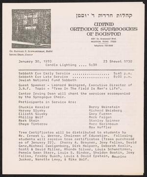 Primary view of object titled 'United Orthodox Synagogues of Houston Newsletter, [Week Starting] January 30, 1970'.