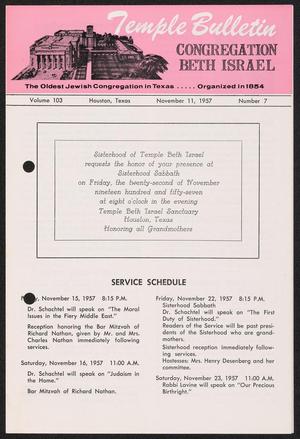 Primary view of object titled 'Temple Bulletin, Volume 103, Number 7, November 1957'.