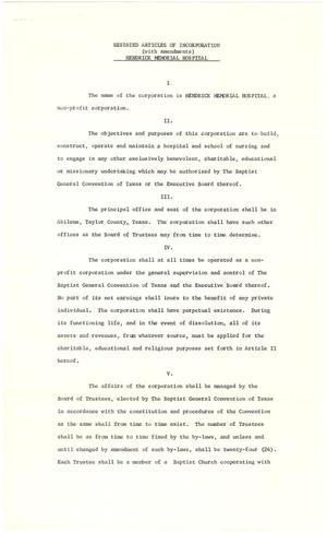 Primary view of object titled '[Articles of Incorporation of The West Texas Baptist Sanitarium, Abilene, Texas - 1962]'.