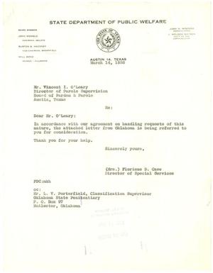 Primary view of object titled '[Letter and Letter of Request:  From Floriene D. Case to Vincent I. O'Leary - March 14, 1958]'.