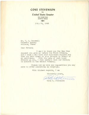 Primary view of object titled '[Letter from Coke R. Stevenson to T. N. Carswell - July 29, 1948]'.