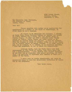 Primary view of object titled '[Letter from Mrs. H. V. Ashton to Governor Coke Stevenson - September 8, 1941]'.