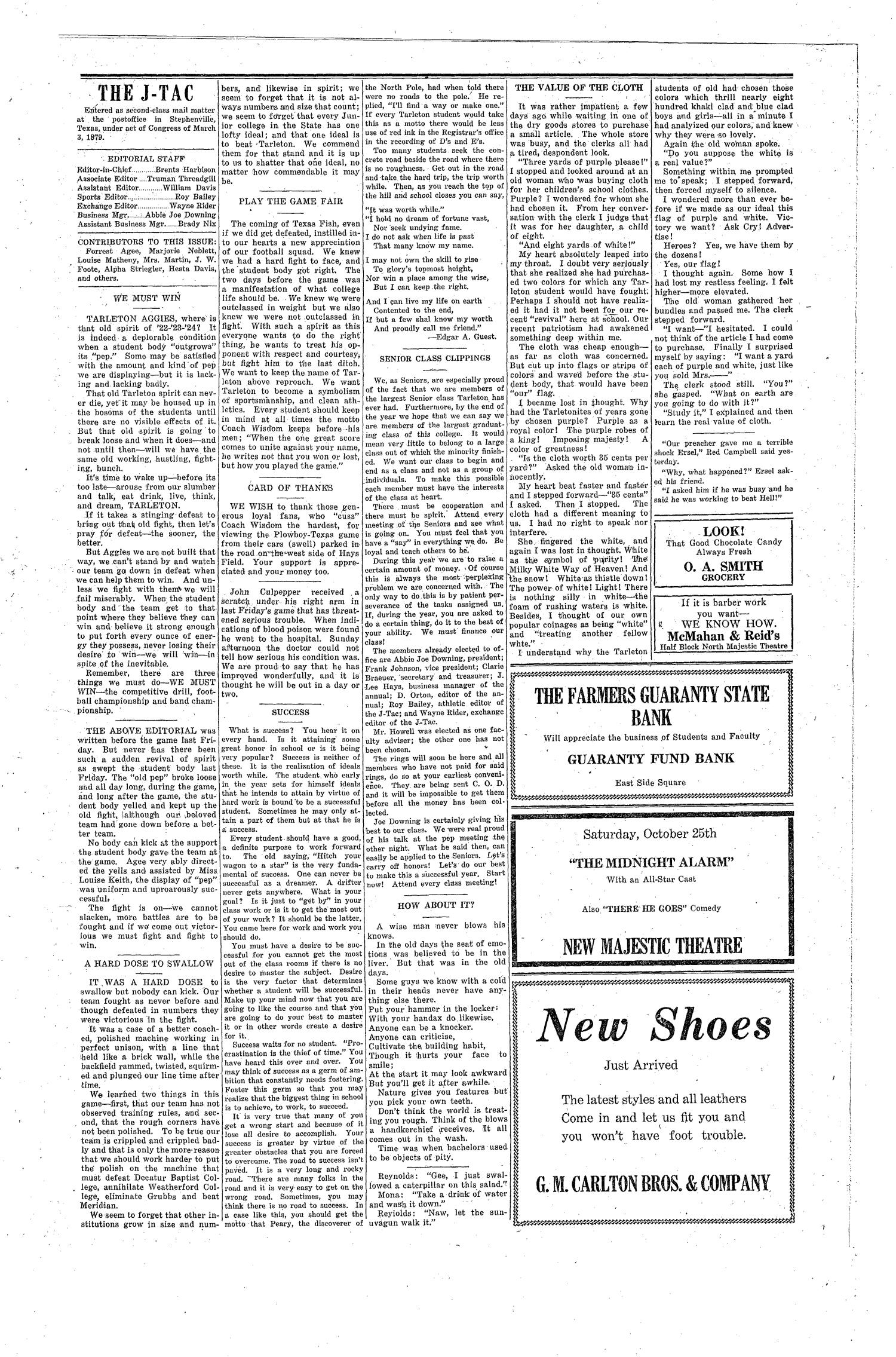 The J-TAC (Stephenville, Tex.), Vol. 5, No. 6, Ed. 1 Wednesday, October 22, 1924
                                                
                                                    [Sequence #]: 2 of 4
                                                