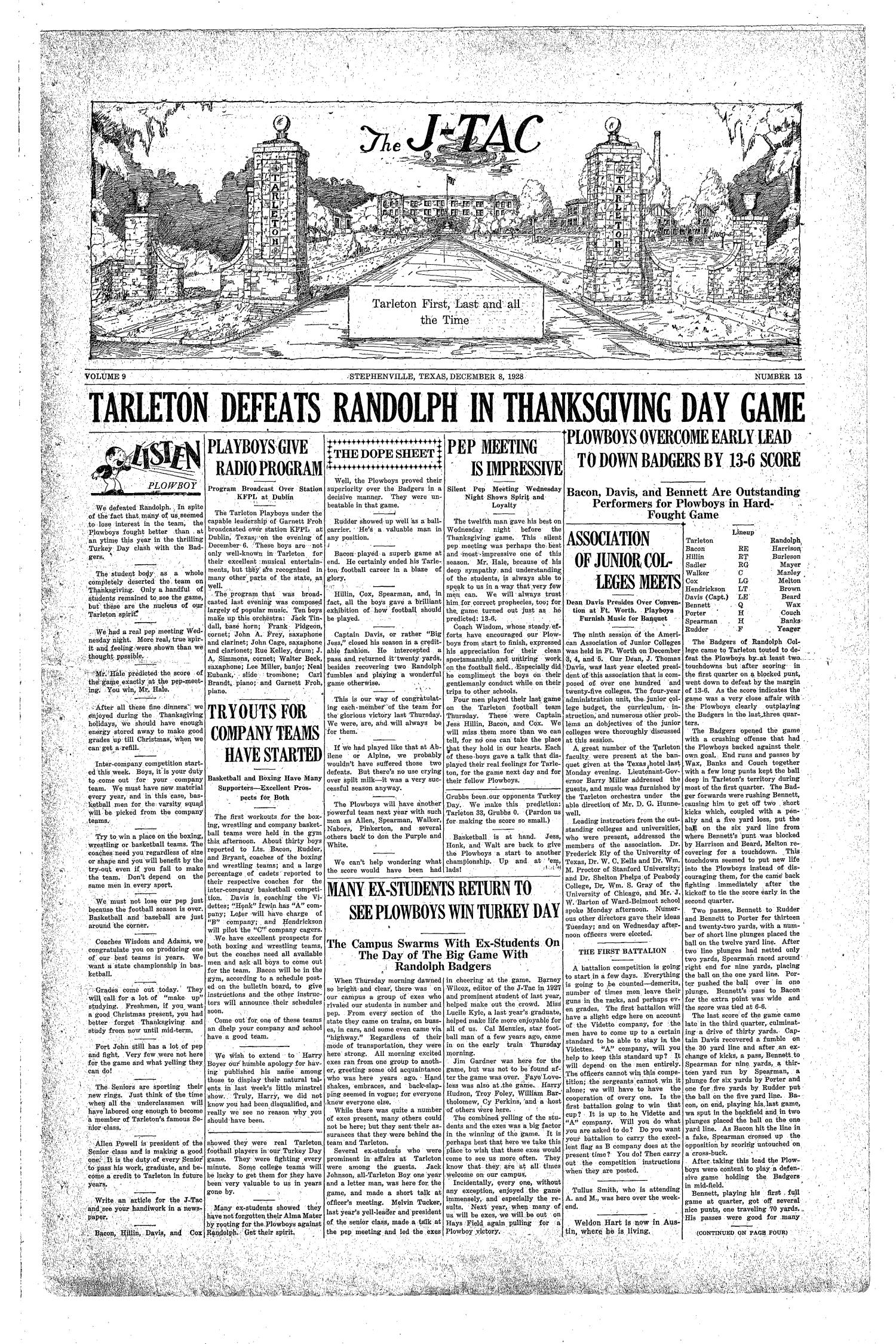 The J-TAC (Stephenville, Tex.), Vol. 9, No. 13, Ed. 1 Saturday, December 8, 1928
                                                
                                                    [Sequence #]: 1 of 4
                                                
