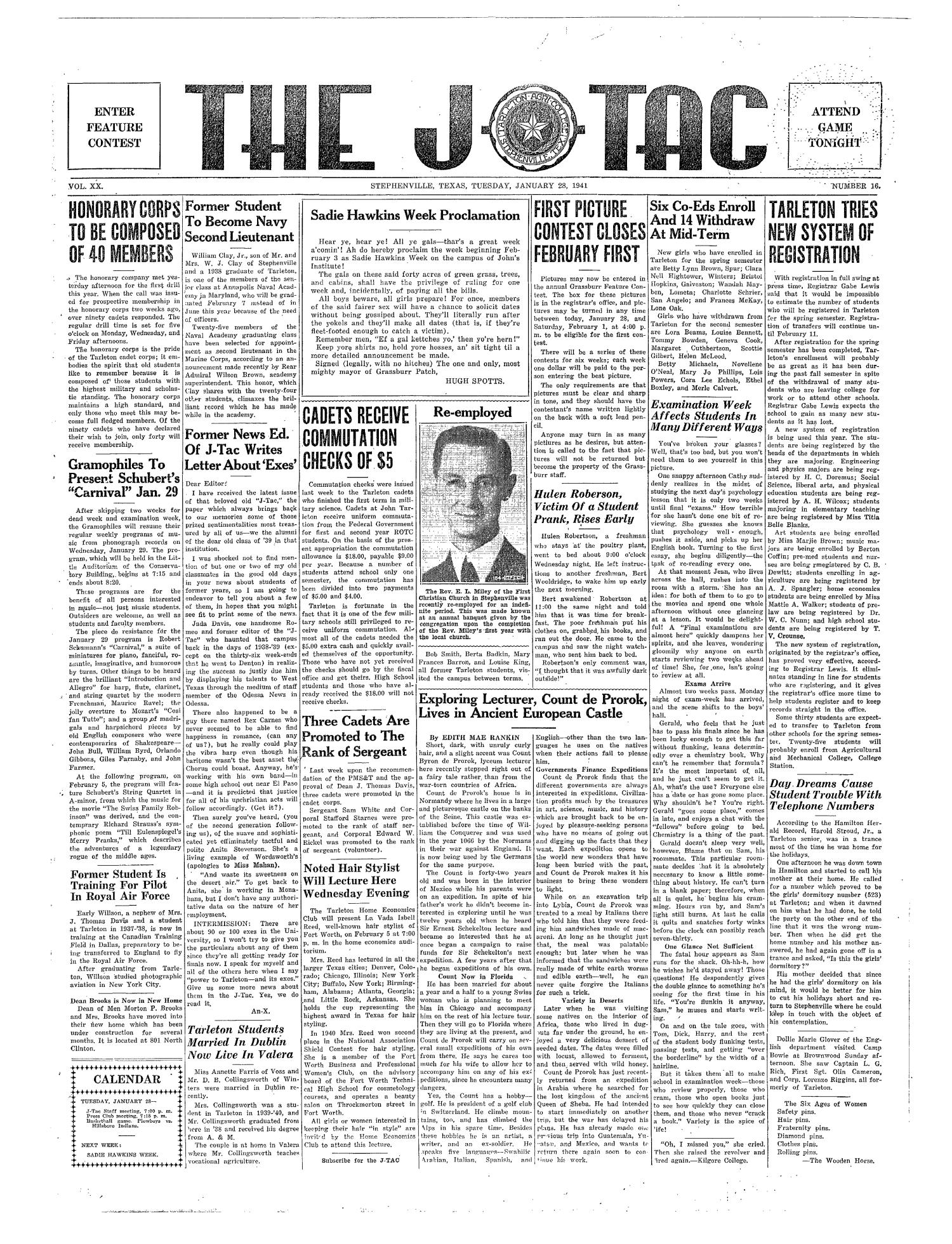 The J-TAC (Stephenville, Tex.), Vol. 20, No. 16, Ed. 1 Tuesday, January 28, 1941
                                                
                                                    [Sequence #]: 1 of 4
                                                