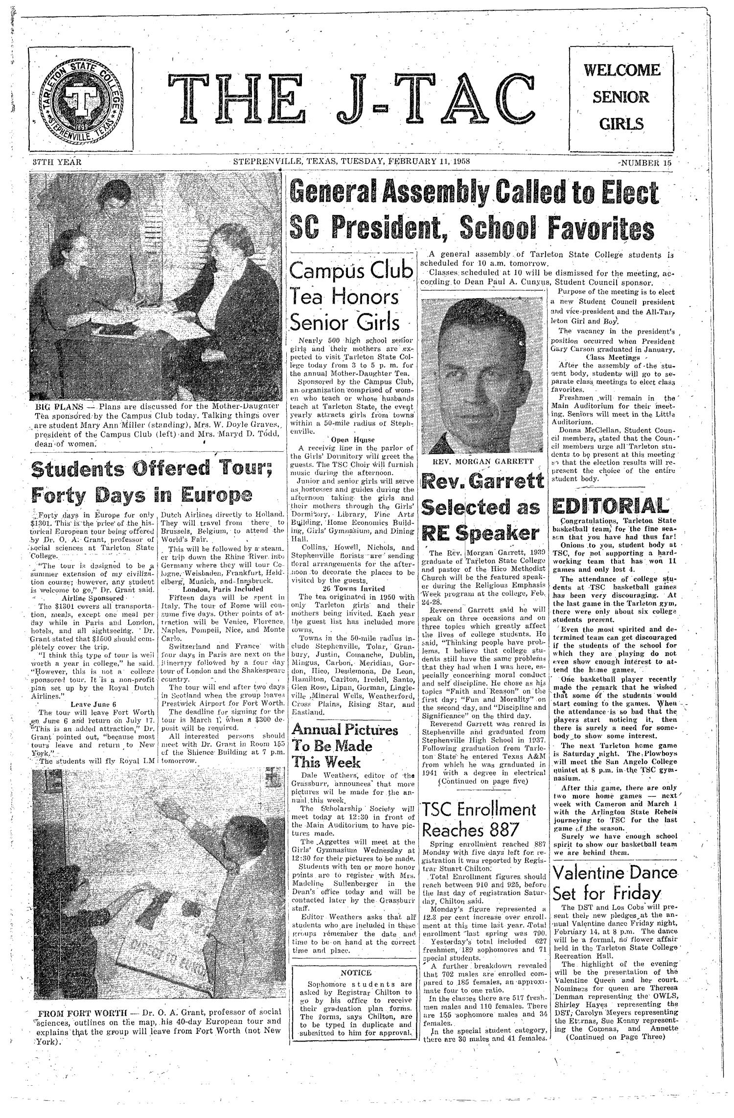 The J-TAC (Stephenville, Tex.), Vol. 37, No. 15, Ed. 1 Tuesday, February 11, 1958
                                                
                                                    [Sequence #]: 1 of 8
                                                
