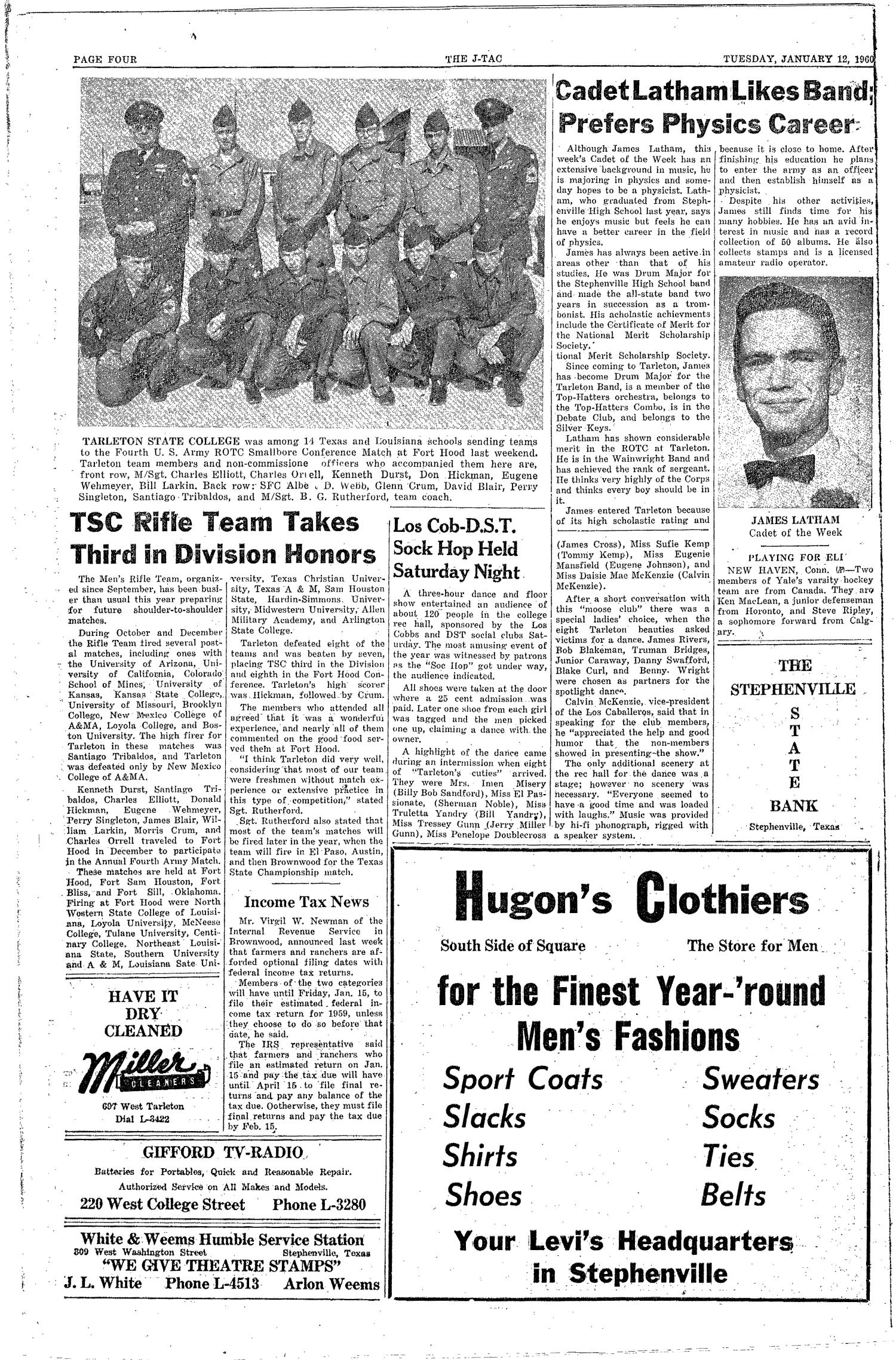 The J-TAC (Stephenville, Tex.), Vol. 39, No. 13, Ed. 1 Tuesday, January 12, 1960
                                                
                                                    [Sequence #]: 4 of 8
                                                