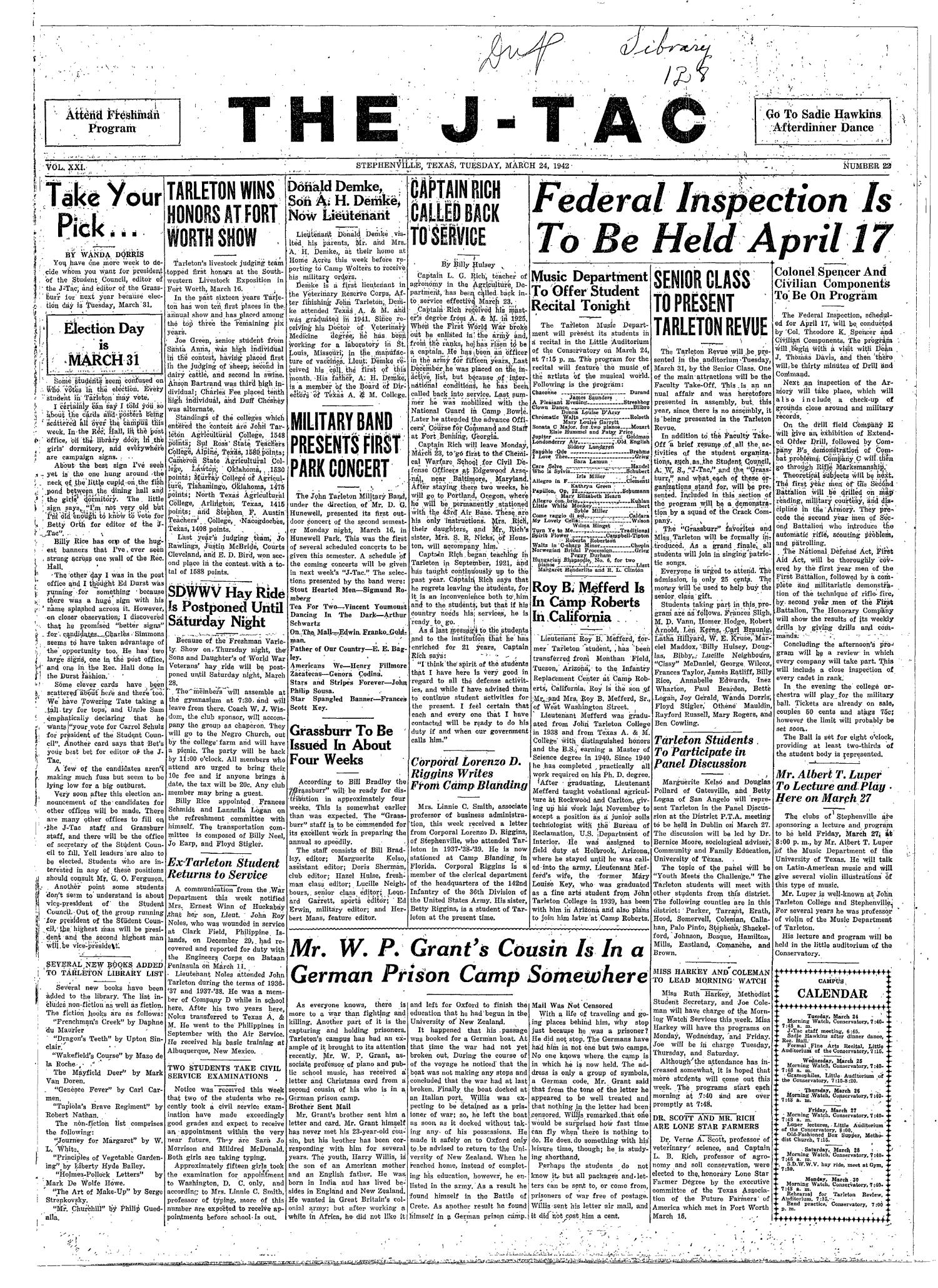 The J-TAC (Stephenville, Tex.), Vol. 21, No. 22, Ed. 1 Tuesday, March 24, 1942
                                                
                                                    [Sequence #]: 1 of 4
                                                