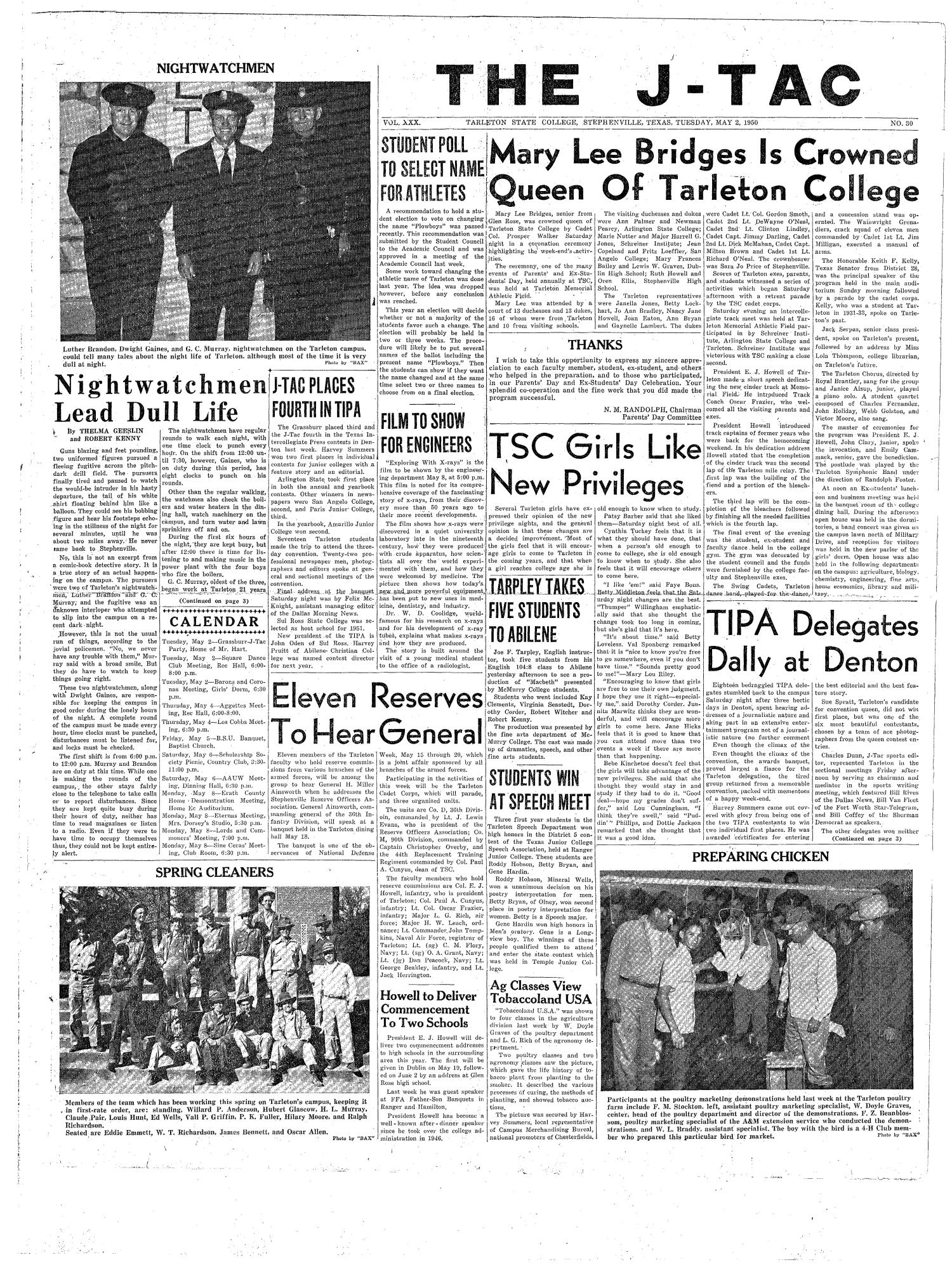 The J-TAC (Stephenville, Tex.), Vol. 30, No. 30, Ed. 1 Tuesday, May 2, 1950
                                                
                                                    [Sequence #]: 1 of 4
                                                