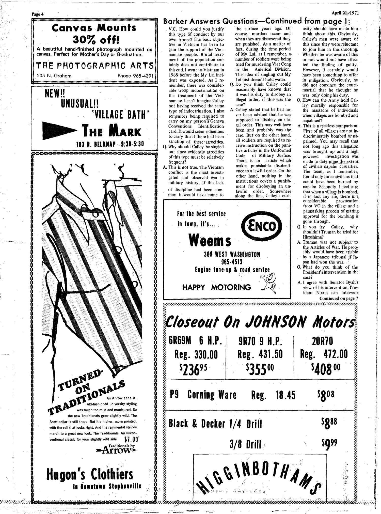 The J-TAC (Stephenville, Tex.), Vol. 51, No. 20, Ed. 1 Wednesday, April 21, 1971
                                                
                                                    [Sequence #]: 4 of 8
                                                