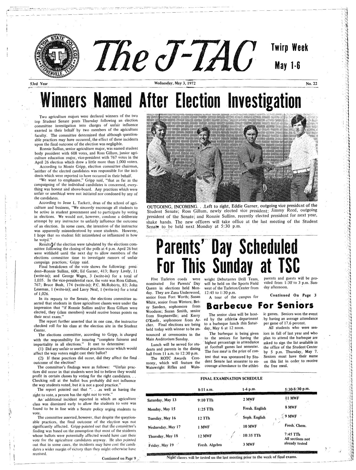The J-TAC (Stephenville, Tex.), Vol. 53, No. 22, Ed. 1 Wednesday, May 3, 1972
                                                
                                                    [Sequence #]: 1 of 16
                                                