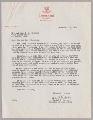 Primary view of object titled '[Letter from Daniel D. Barker to Mr. and Mrs. H. L. Kempner, November 18, 1953]'.